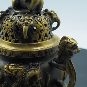 Antique-Style Pure Copper Incense Burner, Double Dragon Playing with Pearl Design