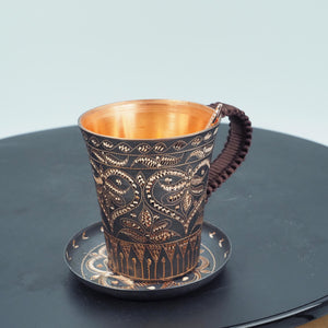 Hand-Hammered Copper Cup and Saucer with Chasing, Braided Handle, Spoon Included