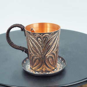 Hand-Hammered Copper Mug and Saucer with Chasing, Braided Handle, Spoon Included
