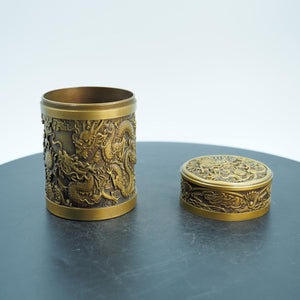 Brass Double Dragon Pen Holder & Storage Jar: Chinese Motif Decor