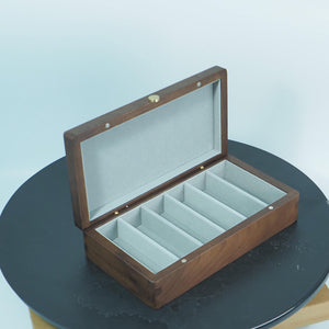 Premium 6-Compartment Black Walnut Desktop Organizer, Adjustable Divider Storage Box
