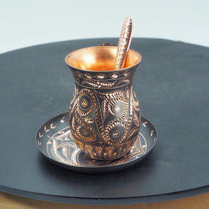 Handmade Engraved Copper Mug with Plate – Boho Vintage Coffee Cup, Unique Artisan Gift