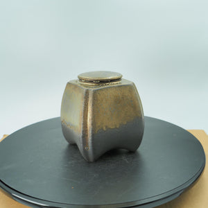Handmade Gilded Ceramic Jar with Lid, Square Pottery Storage Jar, Bronze and Black Glaze