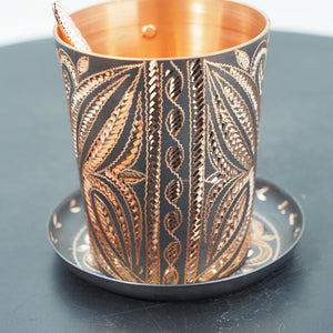 Hand-Hammered Copper Mug and Saucer with Chasing, Braided Handle, Spoon Included