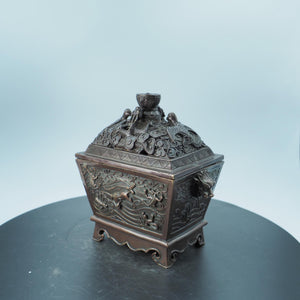 Carved Copper Incense Burner Storage Box: Four Divine Beasts Design