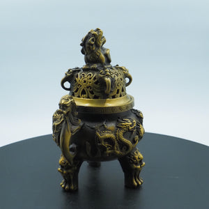 Antique-Style Pure Copper Incense Burner, Double Dragon Playing with Pearl Design