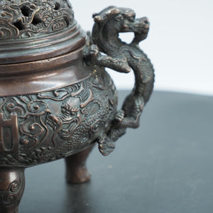 Antique Copper Dragon Incense Burner: Hollow Carved Triangular Design