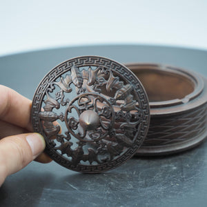 Round Hollow Auspicious Bat Ashtray, Pure Copper Exquisitely Carved Storage Box