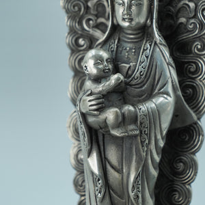 Silver-Plated Copper Guanyin Statue - Vintage Style Backlit Bodhisattva