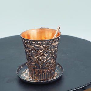 Hand-Hammered Copper Cup and Saucer with Chasing, Braided Handle, Spoon Included