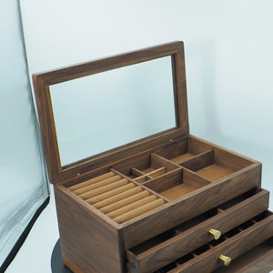 Sort Valnød Smykkeskrin, High-End Japansk Stil Organizer, 4-lags Opbevaringsskuffer