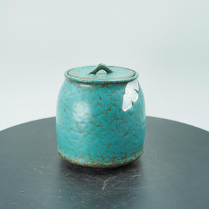 Ceramic Jar with Lid, Turquoise Crackle Glaze, Silver Leaf Pattern, Handmade Pottery Storage Container