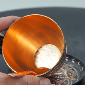 Hand-Hammered Copper Cup and Saucer with Chasing, Decorative Handle, Spoon Included