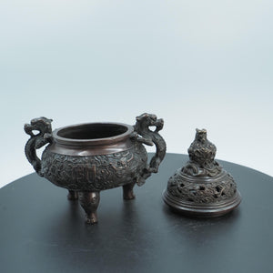 Antique Copper Dragon Incense Burner: Hollow Carved Triangular Design