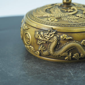 Copper Dragon & Phoenix Ashtray: Antique-Style Relief Decor