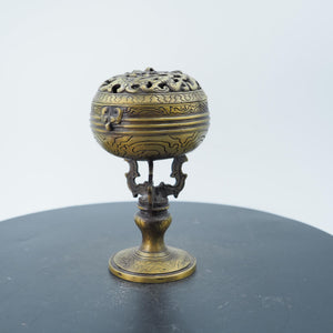 Copper Tiger Pattern Pierced Incense Burner with Candle Upright Base and Storage Holder
