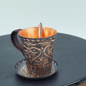 Hand-Hammered Copper Cup and Saucer with Chasing, Braided Handle, Spoon Included