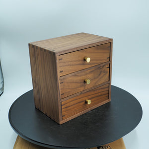 Handcrafted Walnut 3-Drawer Box, Dovetail Joinery, Brass Knobs