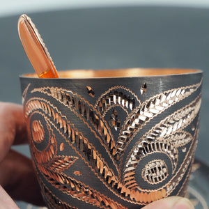 Hand-Hammered Copper Cup and Saucer with Chasing, Decorative Handle, Spoon Included