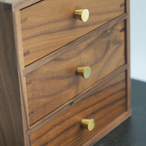 Handcrafted Walnut 3-Drawer Box, Dovetail Joinery, Brass Knobs