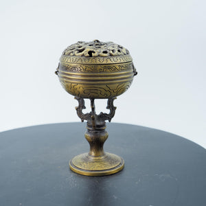 Copper Tiger Pattern Pierced Incense Burner with Candle Upright Base and Storage Holder