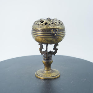 Copper Tiger Pattern Pierced Incense Burner with Candle Upright Base and Storage Holder