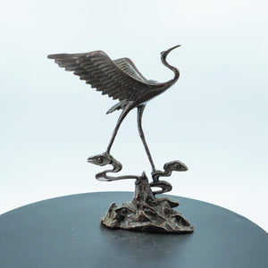 Pure Copper Dancing Crane Figurine, Mountain Cloud and Pine Theme, Finely Polished Craft