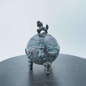 Antique Bronze Lion Dance Incense Burner: Chinese Carved Tripod