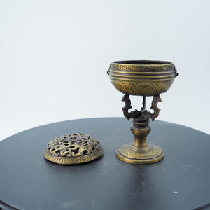 Copper Tiger Pattern Pierced Incense Burner with Candle Upright Base and Storage Holder