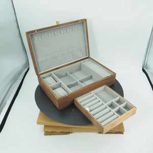 Black Walnut Double-Layer Jewelry Box, Multi-Compartment Storage Organizer