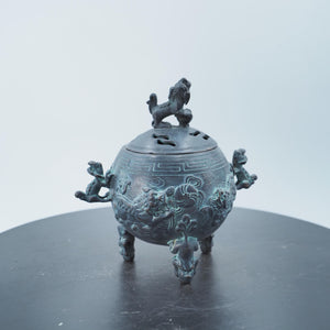 Antique Bronze Lion Dance Incense Burner: Chinese Carved Tripod