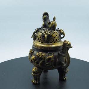 Antique-Style Pure Copper Incense Burner, Double Dragon Playing with Pearl Design