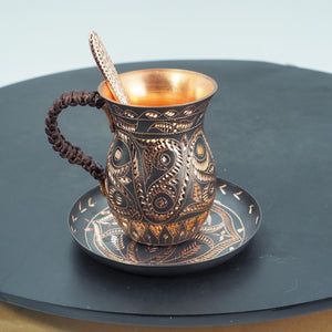 Handmade Engraved Copper Mug with Plate – Boho Vintage Coffee Cup, Unique Artisan Gift