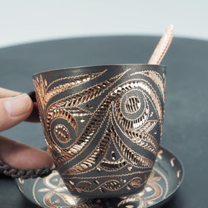 Hand-Hammered Copper Cup and Saucer with Chasing, Decorative Handle, Spoon Included