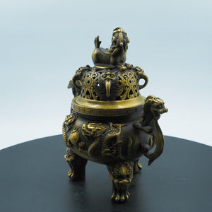 Antique-Style Pure Copper Incense Burner, Double Dragon Playing with Pearl Design